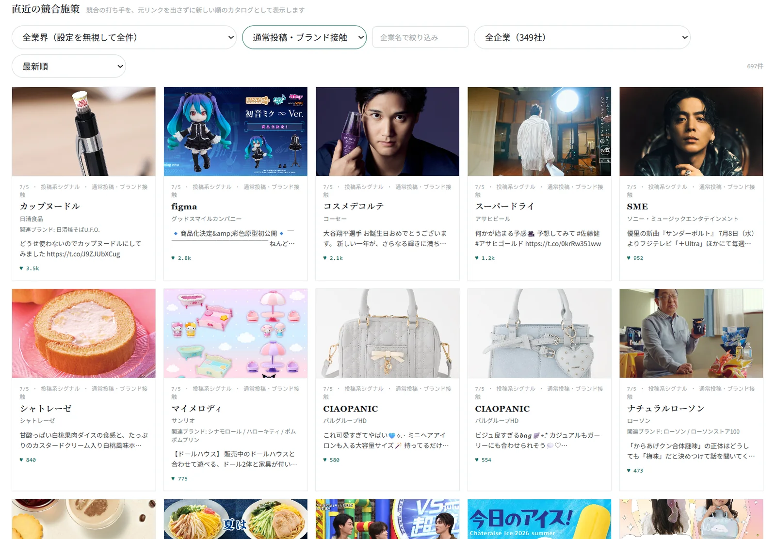販促ナレッジ画面。競合施策とブランド接触を日次で一覧化
